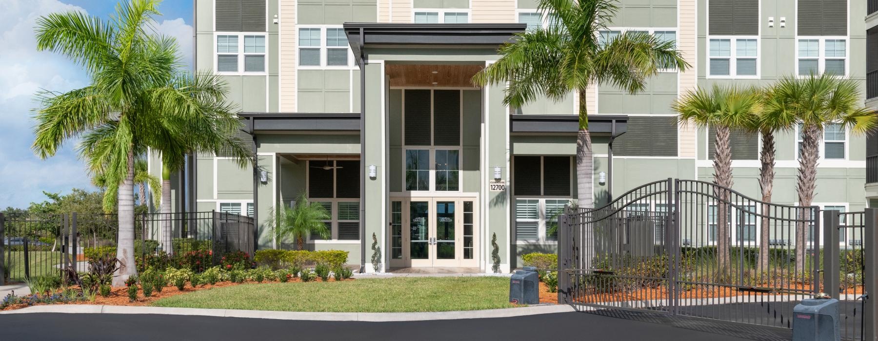 a building with palm trees