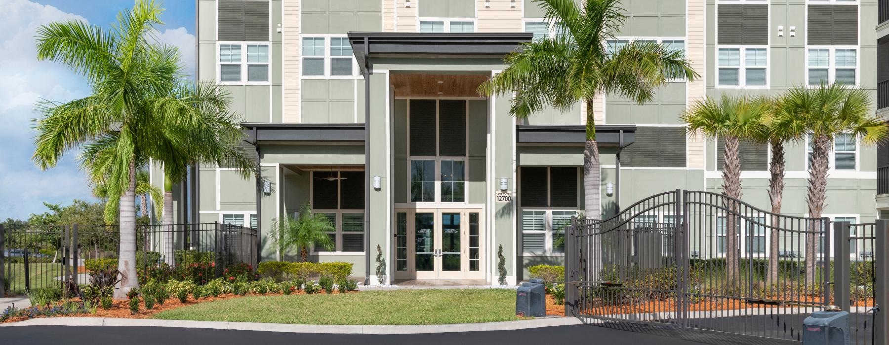 a building with palm trees